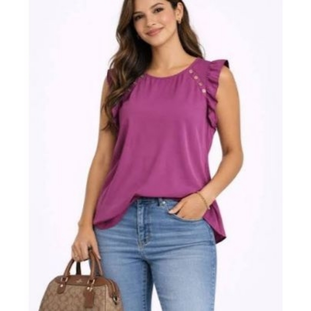 Loft Fuchsia Pinkish Purple Short Ruffle Sleeve Blouse Top